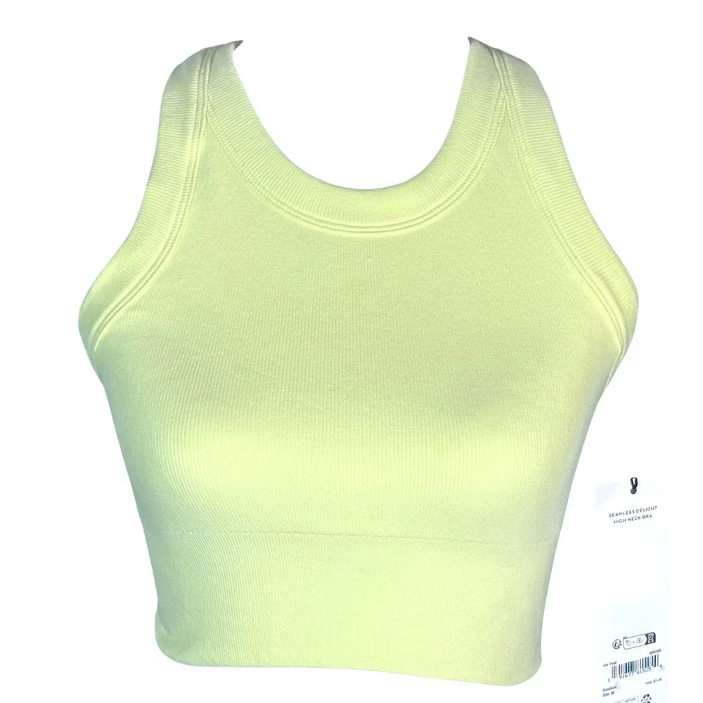Alo Yoga Seamless Delight High Neck Bra NWT Womens Medium Sunshine Yellow Ribbed